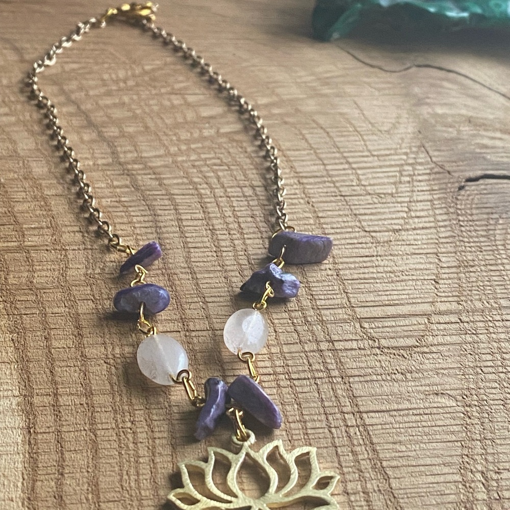 Gold and Purple Lotus Pendant Necklace with Amethyst and Rose Quartz - Picture 3 of 8